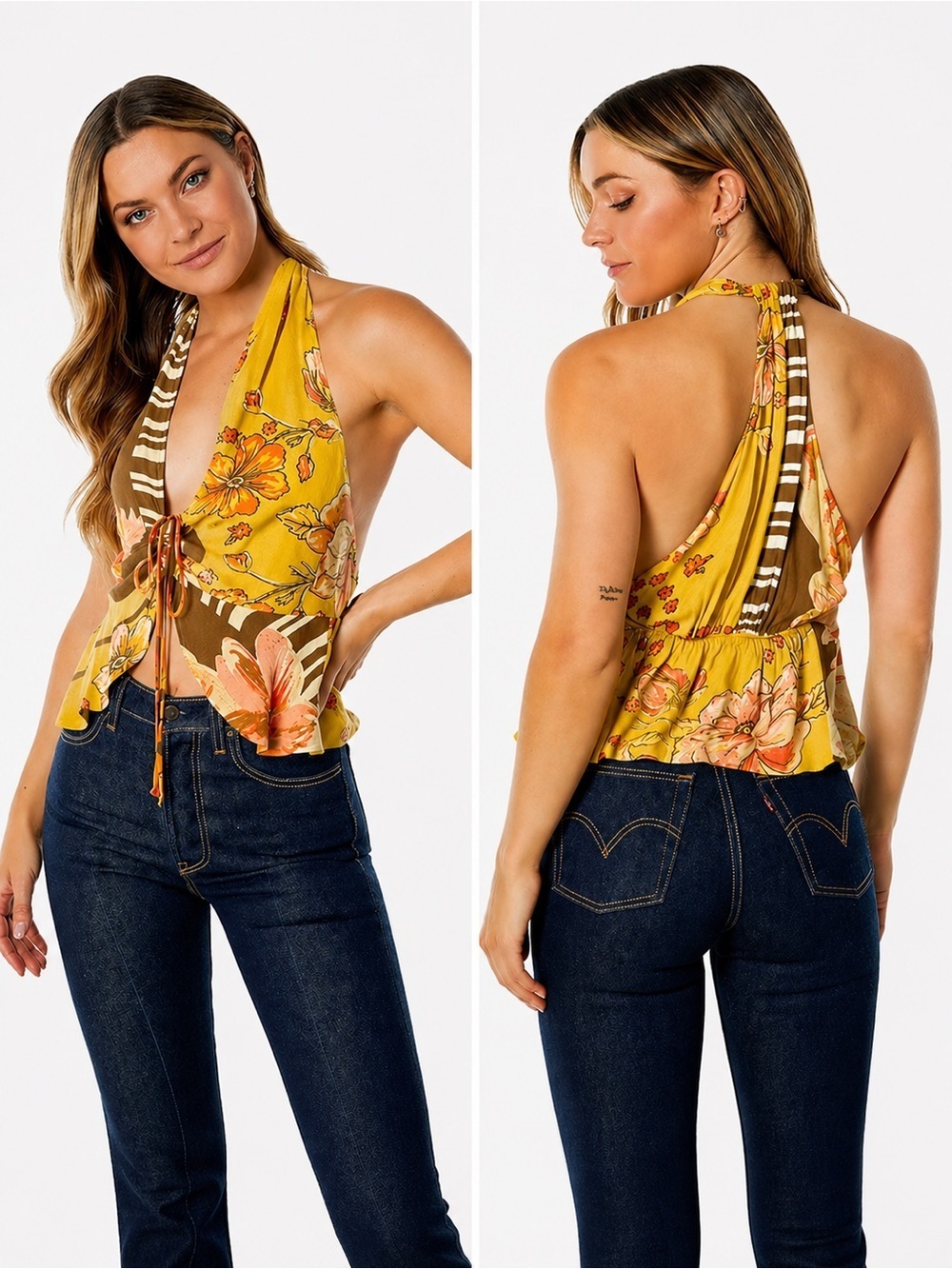 Free People Floral Halter Top Tie Front Open Back Peplum Small